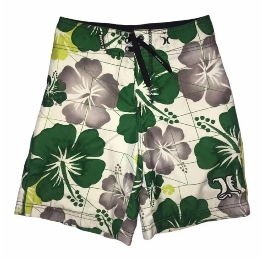 NWOT HURLEY Board Shorts Men’s SZ 16 Green Gray Yellow Floral Drawstring  Swim